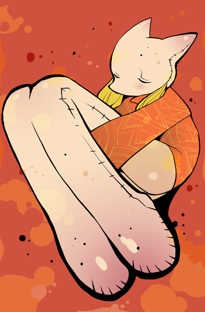 dowman sayman, mime (fft), final fantasy, final fantasy tactics, 1girl, androgynous, closed eyes, creature, female focus, fetal position, full body, horns, long sleeves, mime, orange background, plantar flexion, simple background, solo, sweater