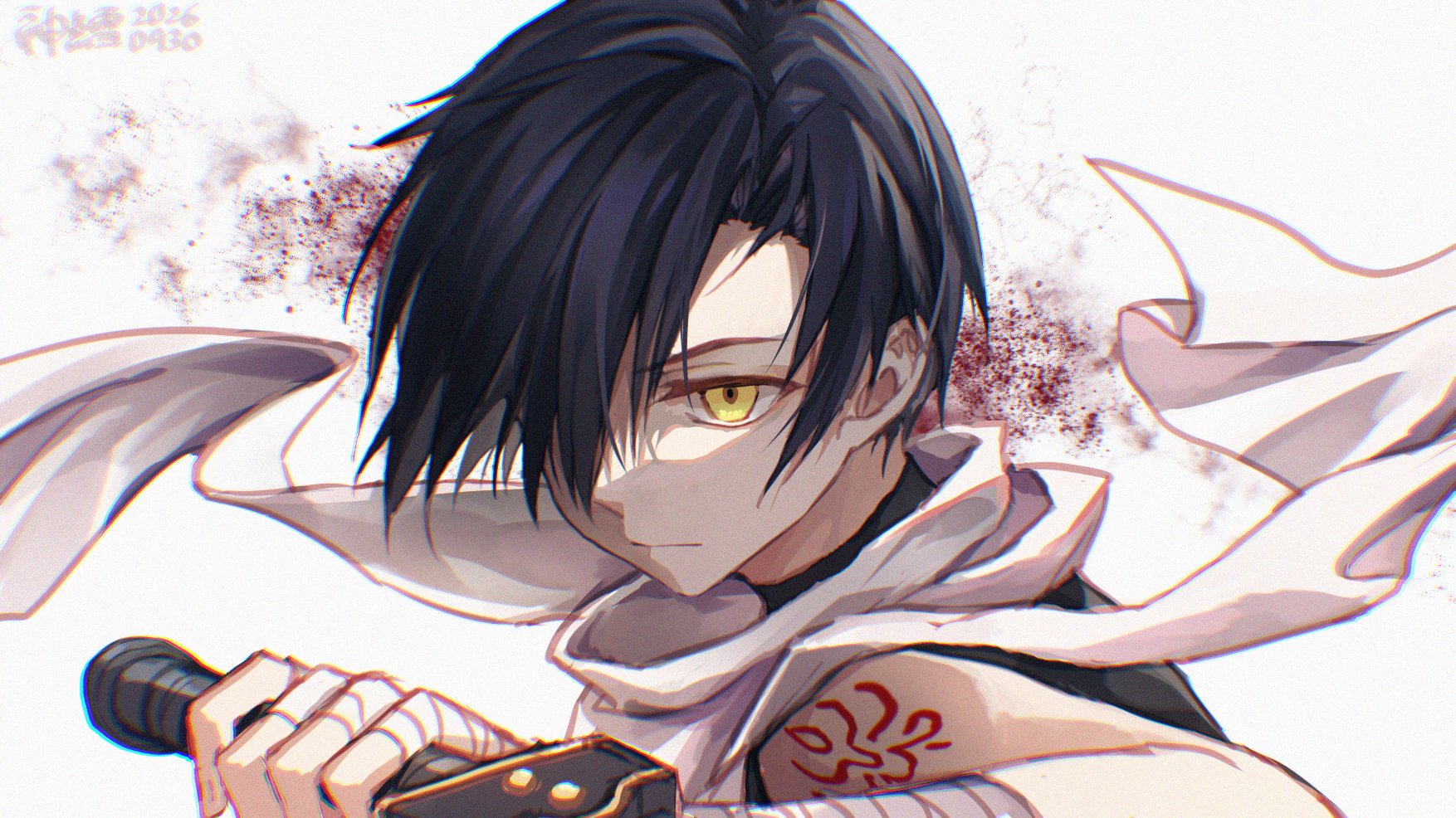 willfin, joshua bright, eiyuu densetsu, sora no kiseki, highres, 1boy, arm tattoo, bandaged arm, bandages, black hair, blood, close-up, curtained hair, dated, floating scarf, hair over one eye, holding, holding sword, holding weapon, looking at viewer, male focus, parted bangs, scarf, signature, simple background, solo, swept bangs, sword, tattoo, weapon, white scarf, yellow eyes