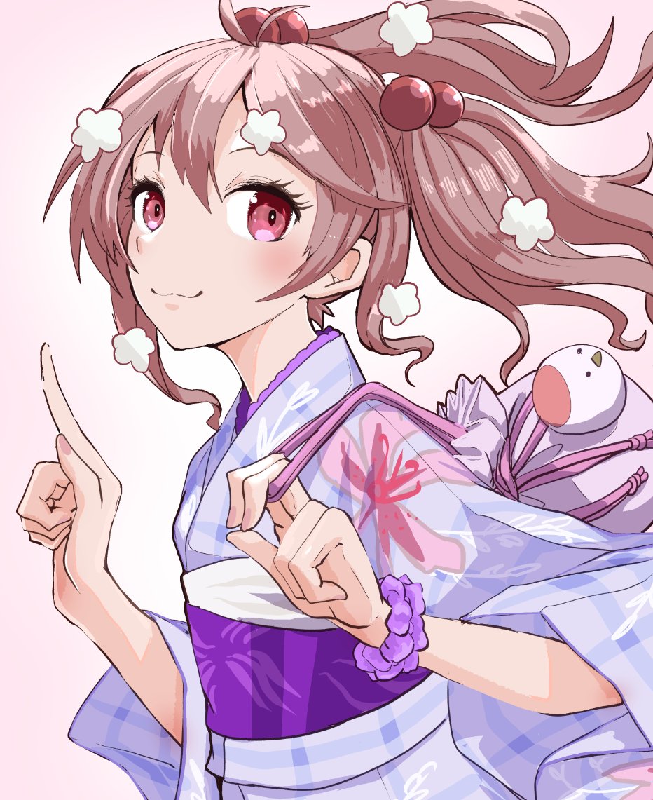 boushi-ya, sazanami (kancolle), sazanami (yukata) (kancolle), kantai collection, 1girl, antenna hair, bag, brown hair, floral print, flower, gingham kimono, hair bobbles, hair flower, hair ornament, index finger raised, japanese clothes, kimono, official alternate costume, pink eyes, purple kimono, purple scrunchie, satchel, scrunchie, smile, solo, upper body, wrist scrunchie, yukata
