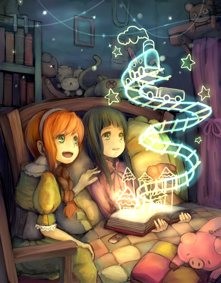 nigoro, original, 2girls, bed, black hair, book, braid, dress, green eyes, hairband, long hair, multiple girls, orange hair, smile, stuffed animal, stuffed cat, stuffed toy, teddy bear, train