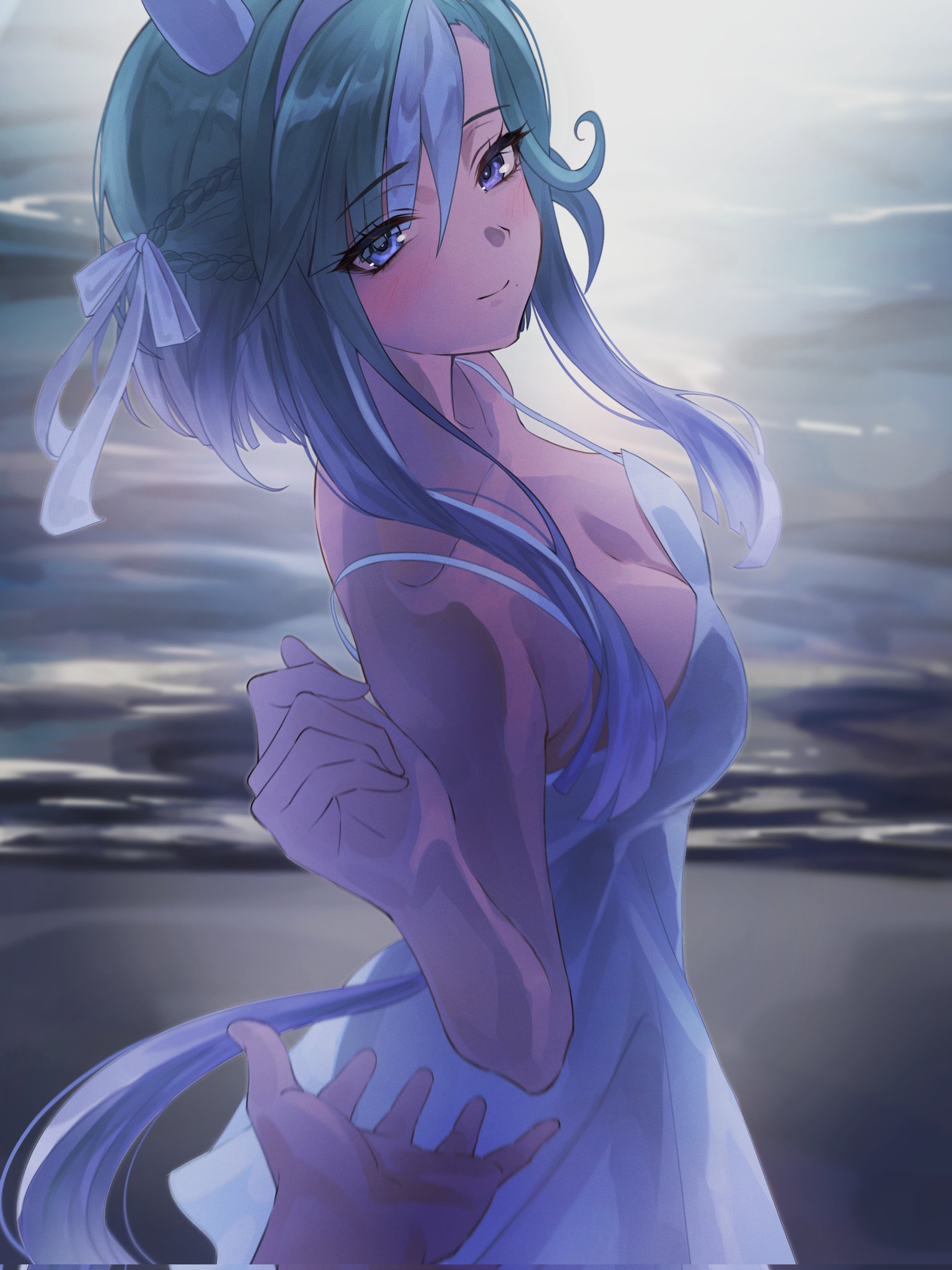 nijuke2, admire groove (umamusume), umamusume, highres, 1girl, animal ears, blue eyes, blush, braid, dress, ear covers, horse ears, horse girl, horse tail, mole, mole under mouth, pov, pov hands, tail, white dress, white streaks