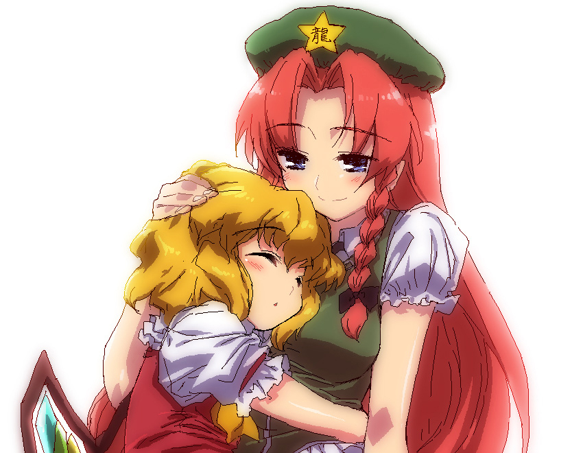 tonbi, flandre scarlet, hong meiling, embodiment of scarlet devil, touhou, bad id, bad pixiv id, 2girls, blonde hair, blush, braid, closed eyes, female focus, hand on another's head, hat, hug, long hair, multiple girls, no headwear, oekaki, purple eyes, red hair, short hair, sleeping, twin braids, wavy hair, wings