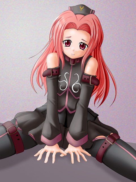 yayoi kotoyuki, arietta (tales), tales of (series), tales of the abyss, 00s, 1girl, blush, detached sleeves, female focus, hat, pink eyes, pink hair, solo, spread legs, thighhighs