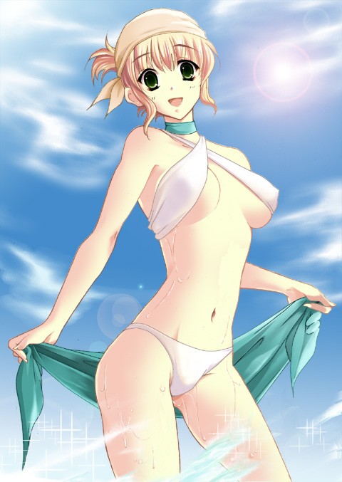 hozumi (8/1), natalia luzu kimlasca lanvaldear, tales of (series), tales of the abyss, 00s, 1girl, bandana, beach, bikini, blonde hair, choker, cloud, day, female focus, green eyes, lens flare, navel, official alternate costume, open mouth, outdoors, panties, short hair, sky, slingshot swimsuit, smile, solo, swimsuit, underwear, water, wet, white bikini