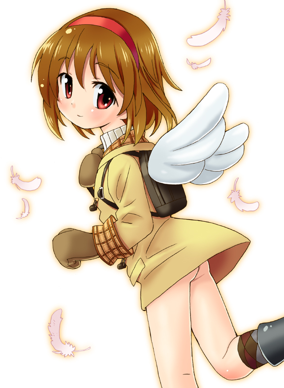 homing (areya), tsukimiya ayu, kanon, argyle clothes, argyle socks, ass, backpack, bag, bottomless, brown hair, coat, feathers, hairband, kneehighs, no panties, randoseru, red eyes, socks, solo, winged bag, wings