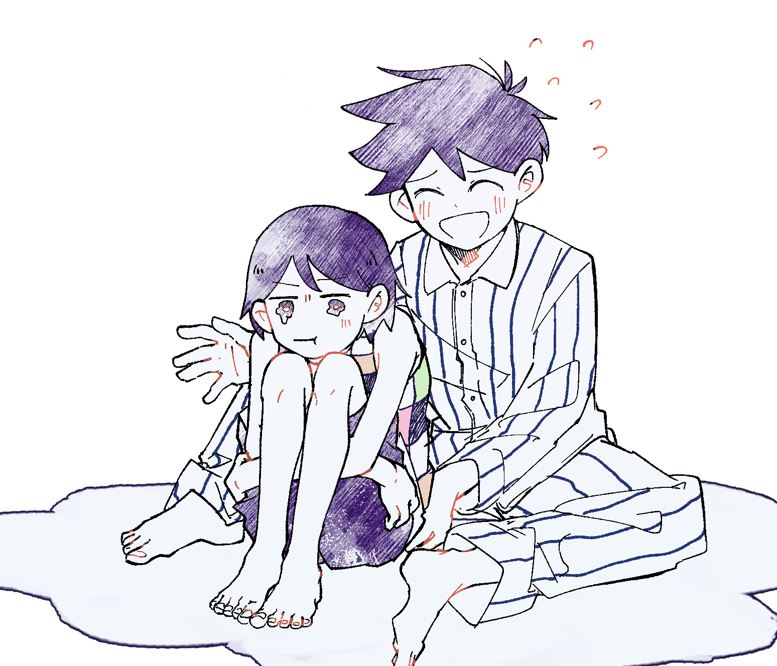 shakomori w, hero (headspace) (omori), hero (omori), kel (headspace) (omori), kel (omori), omori, highres, 2boys, ^ ^, antenna hair, barefoot, blush, brothers, closed eyes, closed mouth, colored skin, crying, crying with eyes open, double-parted bangs, flying sweatdrops, hair between eyes, knees up, long sleeves, male focus, multiple boys, nervous smile, pajamas, pants, pout, purple hair, purple shorts, shorts, siblings, simple background, sitting, smile, striped clothes, striped pajamas, striped pants, tank top, tears, vertical-striped clothes, vertical-striped pajamas, vertical-striped pants, white background, white skin