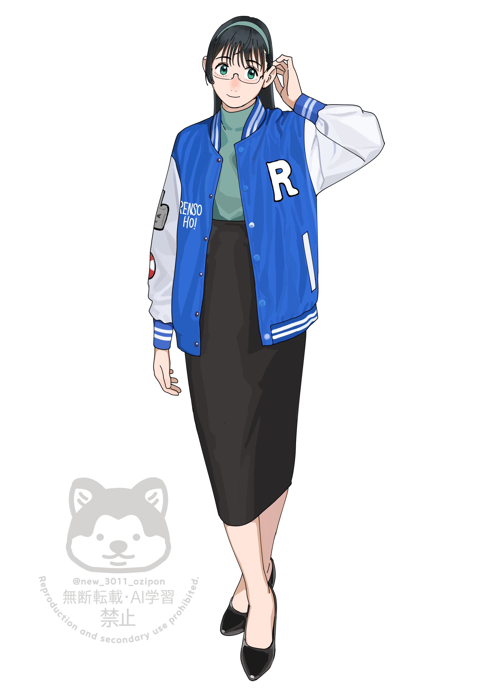 ojipon, ooyodo (kancolle), kantai collection, absurdres, highres, 1girl, alternate costume, artist name, black hair, black shoes, black skirt, blue jacket, full body, glasses, green eyes, green hairband, green shirt, hairband, high-waist skirt, jacket, letterman jacket, long hair, long skirt, shirt, shoes, simple background, skirt, solo, twitter username, watermark, white background