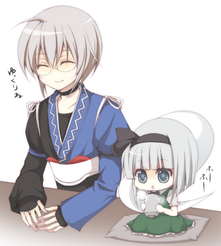yuki miya, yuki yuki, konpaku youmu, konpaku youmu (ghost), morichika rinnosuke, touhou, lowres, 1boy, 1girl, chibi, cup, ghost, glasses, hitodama