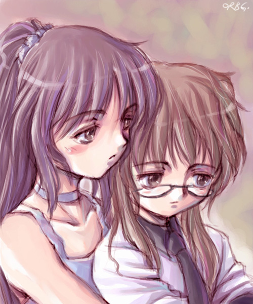 orebalgum, original, commentary request, korean commentary, 2girls, black-framed eyewear, black necktie, blue choker, blue hair, blue tank top, blush, borrowed character, brown eyes, brown hair, choker, closed mouth, collarbone, contrast collar, expressionless, glasses, hair ornament, hair scrunchie, hug, hug from behind, impasto, long hair, looking to the side, multiple girls, necktie, nose, ponytail, scrunchie, shirt, simple background, tank top, upper body, watermark, web address, white shirt