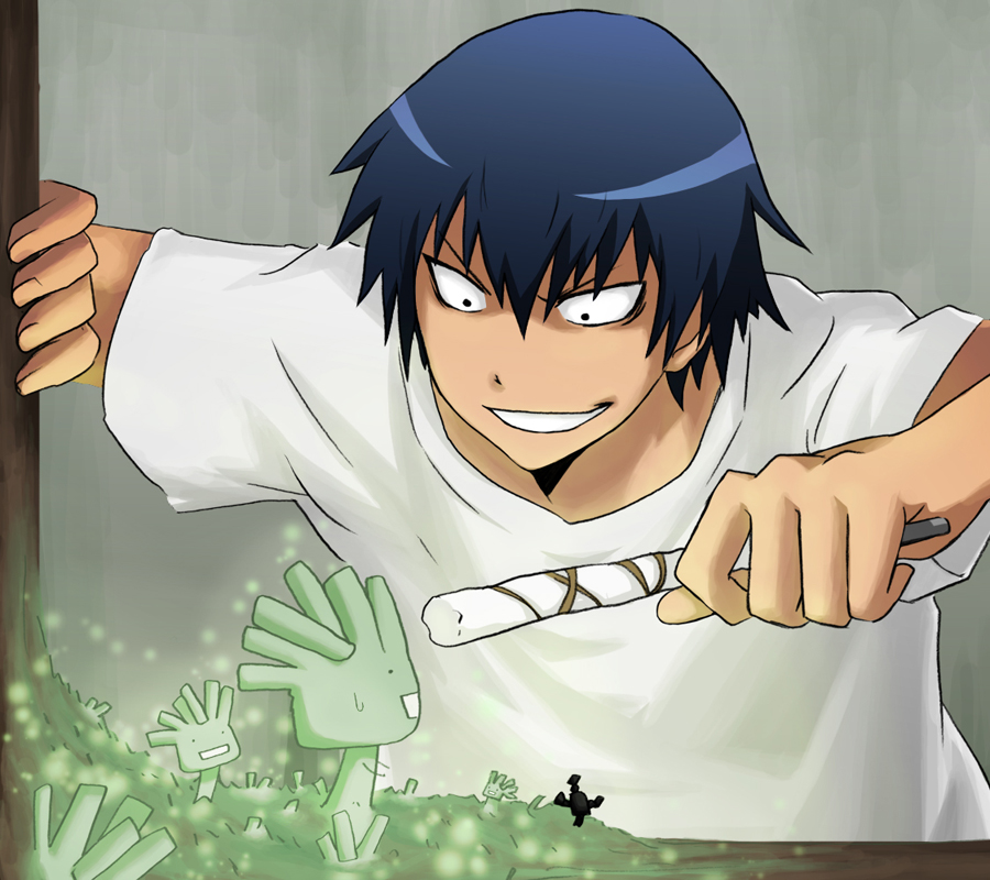 tansan otoko, chrysogenum, takasu ryuuji, trichoides, moyashimon, toradora!, 00s, 1boy, blue hair, crossover, gradient background, male focus, short hair, solo, upper body