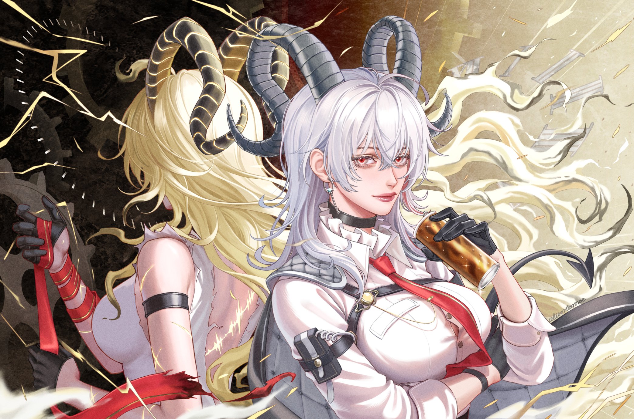 zani (wuthering waves), wuthering waves, highres, 2girls, alientomoe, arm under breasts, back-to-back, back tattoo, black background, black gloves, black horns, blonde hair, breasts, button gap, can, chest harness, curled horns, drink can, dual persona, earrings, floating hair, gears, gloves, gradient background, hands up, harness, holding, holding can, horns, jewelry, key earrings, large breasts, lightning, long hair, multiple girls, necktie, red eyes, red lips, red necktie, shirt, sleeveless, sleeveless shirt, tacet mark (wuthering waves), tattoo, white hair, white shirt, yellow background