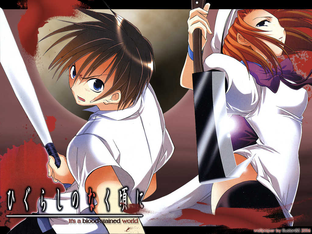 suzuragi karin, maebara keiichi, ryuuguu rena, higurashi no naku koro ni, tsumihoroboshi-hen, jpeg artifacts, non-web source, 00s, 1boy, 1girl, baseball bat, billhook, blood, blood splatter, couple, dress, hashitsuki nata, hatchet, hetero, nata (tool), weapon