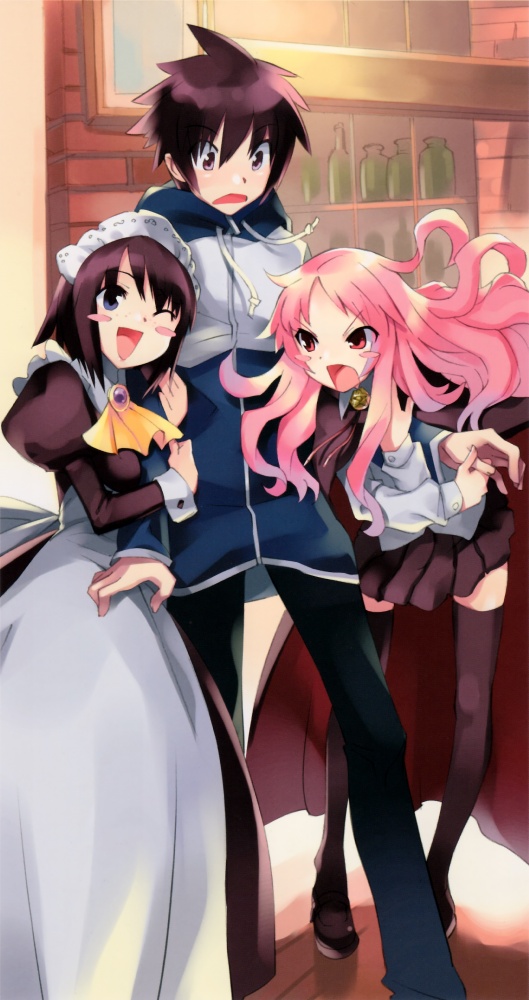 usatsuka eiji, henrietta de tristain, hiraga saito, louise francoise le blanc de la valliere, siesta (zero no tsukaima), zero no tsukaima, arm grab, 00s, 1boy, 2girls, blue eyes, height difference, maid, multiple girls, one eye closed, pentacle, pink eyes, pink hair, purple hair, short hair, thighhighs, wink