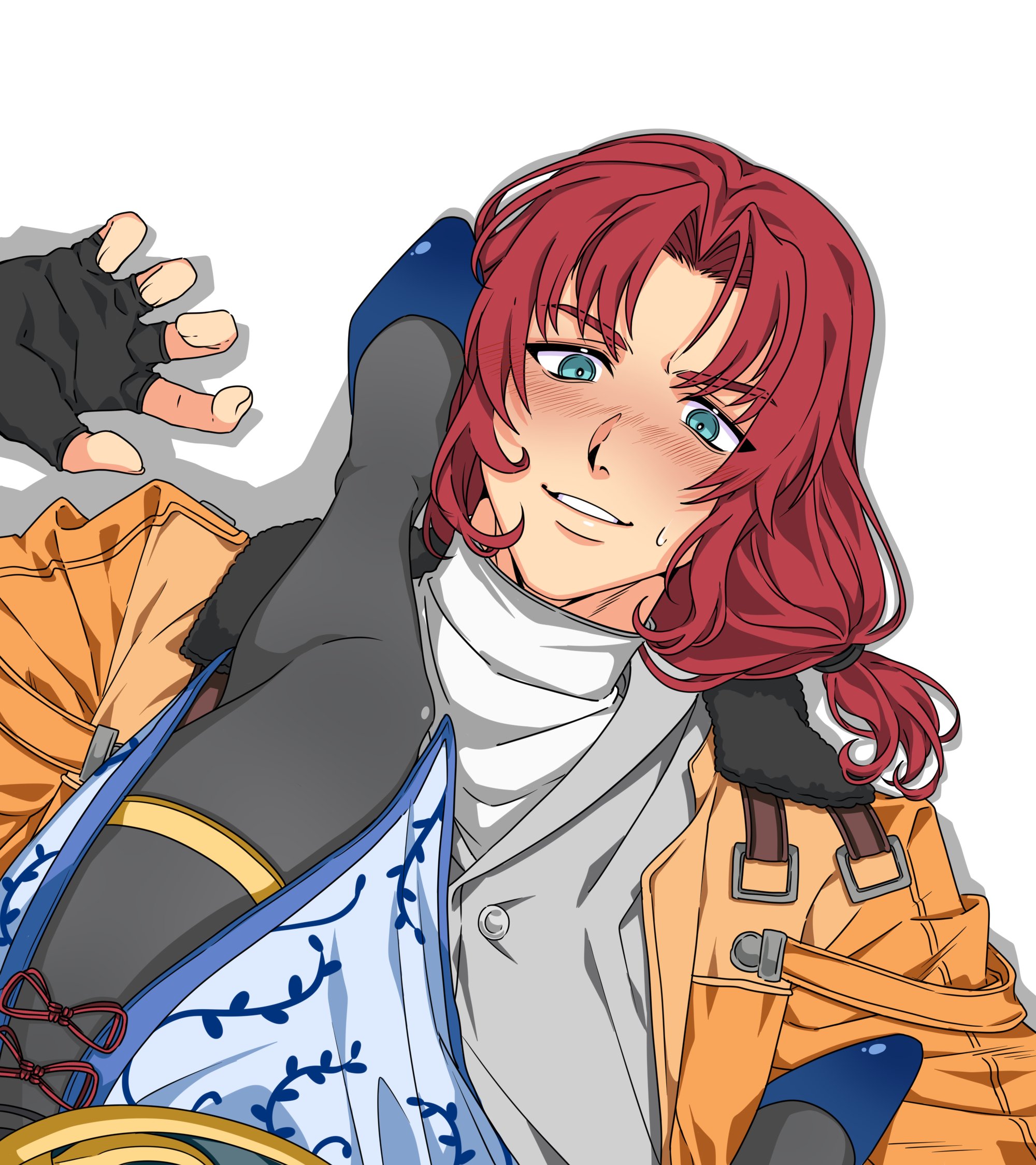 yuzukiyo, randolph orlando, ao no kiseki, eiyuu densetsu, zero no kiseki, commentary, english commentary, highres, 1boy, 1girl, black gloves, black thighhighs, blue eyes, coat, curtained hair, fingerless gloves, gloves, high heels, looking at viewer, parted bangs, parted lips, ponytail, pov, pov foot, red hair, sidelocks, simple background, stepped on, sweatdrop, thighhighs, white background
