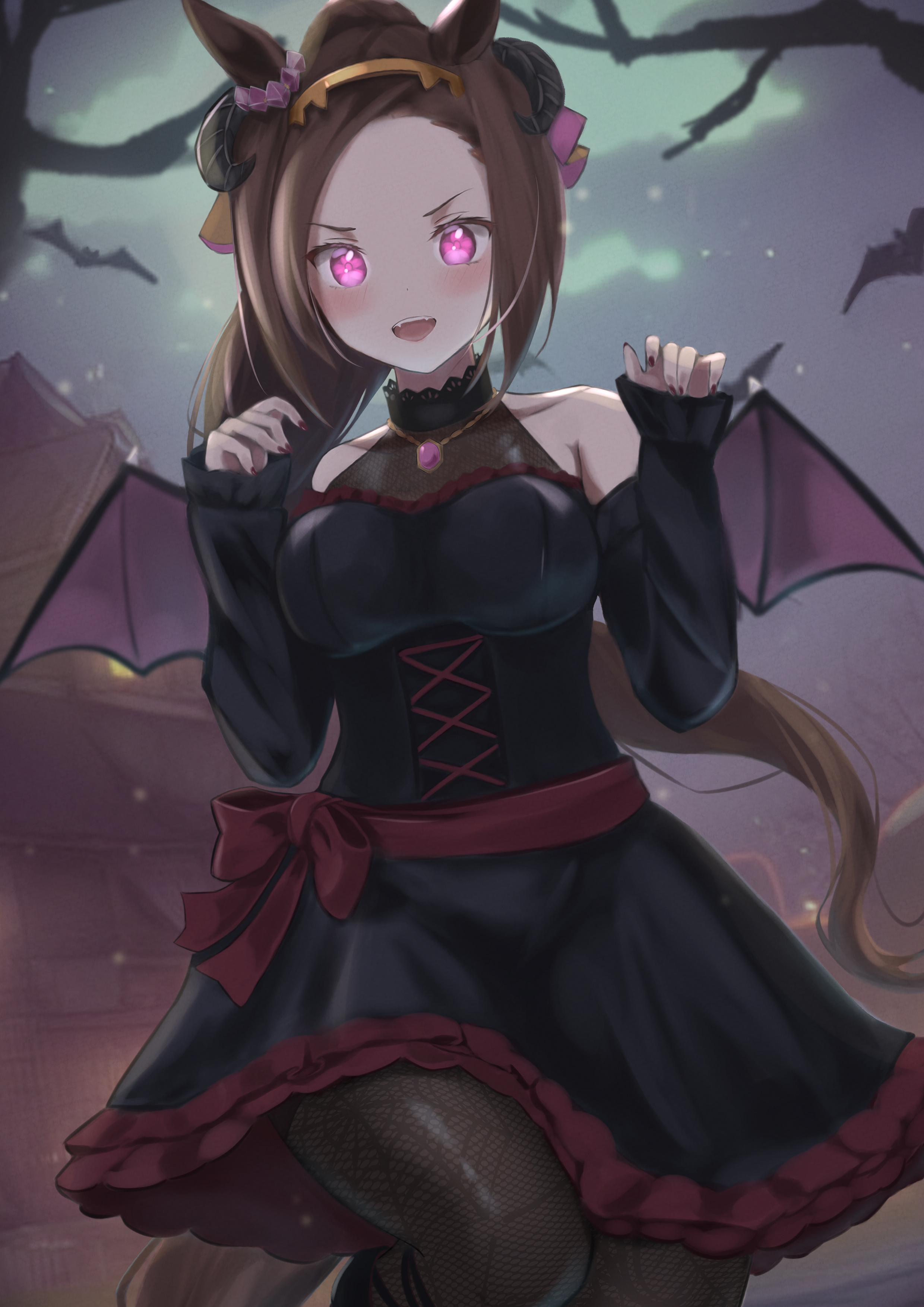 hanba agu, sakura bakushin o (umamusume), umamusume, absurdres, highres, animal ears, black dress, brown hair, detached sleeves, dress, fishnet pantyhose, fishnet thighhighs, fishnets, halloween, horse ears, horse girl, horse tail, pantyhose, pink eyes, symbol in eye, tail, thighhighs, wings