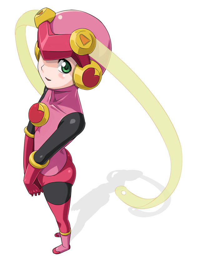 muhi11234, roll.exe (mega man), capcom, mega man (series), mega man battle network, mega man battle network (series), 00s, 1girl, blush, bodysuit, boots, female focus, flat chest, foreshortening, green eyes, latex, leotard, pink boots, pov, solo, thighhighs