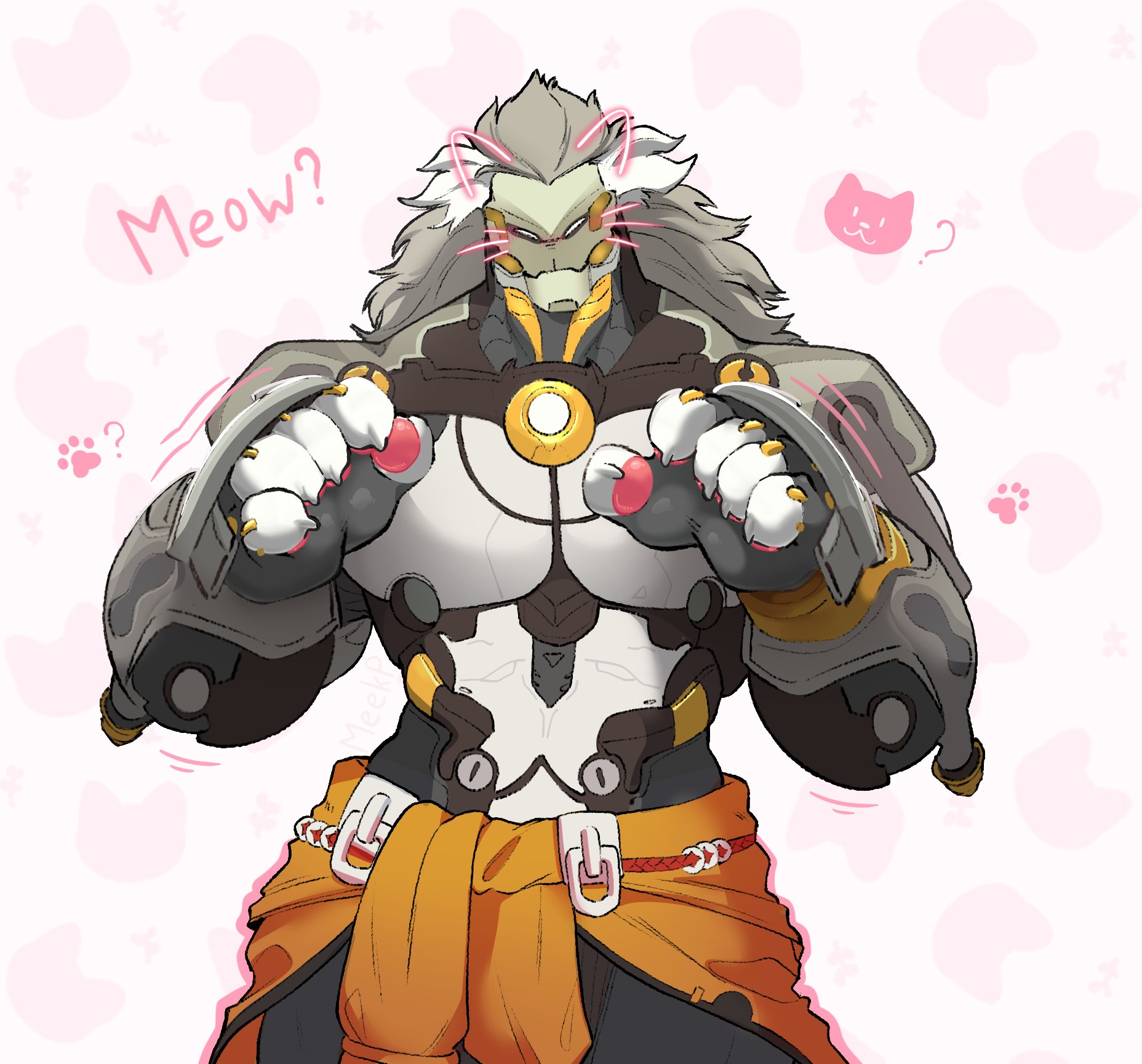 zenless zone zero, commentary, english commentary, highres, 1boy, ?, animal ears, banyue (zenless zone zero), cat ears, claws, clothes around waist, drawn whiskers, long hair, looking at viewer, male focus, meekp, meowing, muscular, muscular male, paw pose, paw print, pawpads, robot boy