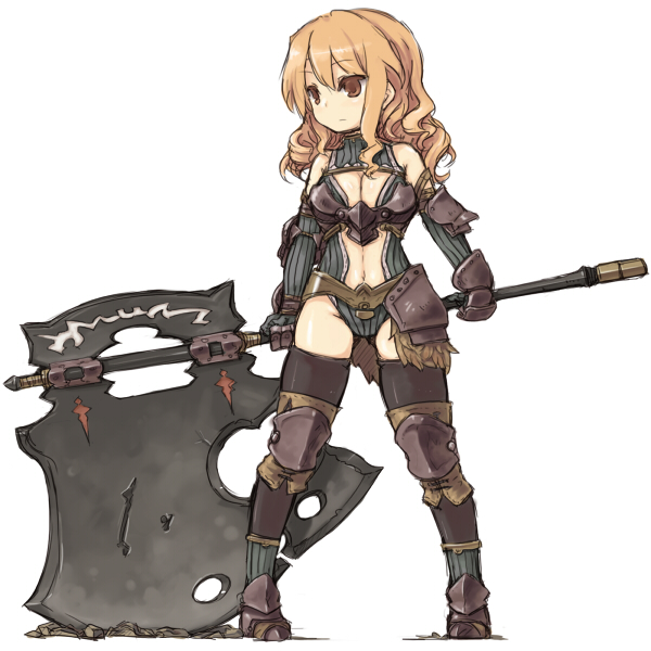 7010, original, 1girl, armor, axe, black thighhighs, blonde hair, breasts, brown eyes, cleavage, curly hair, elbow gloves, female focus, gauntlets, gloves, huge weapon, long hair, navel, solo, thighhighs, warrior, weapon