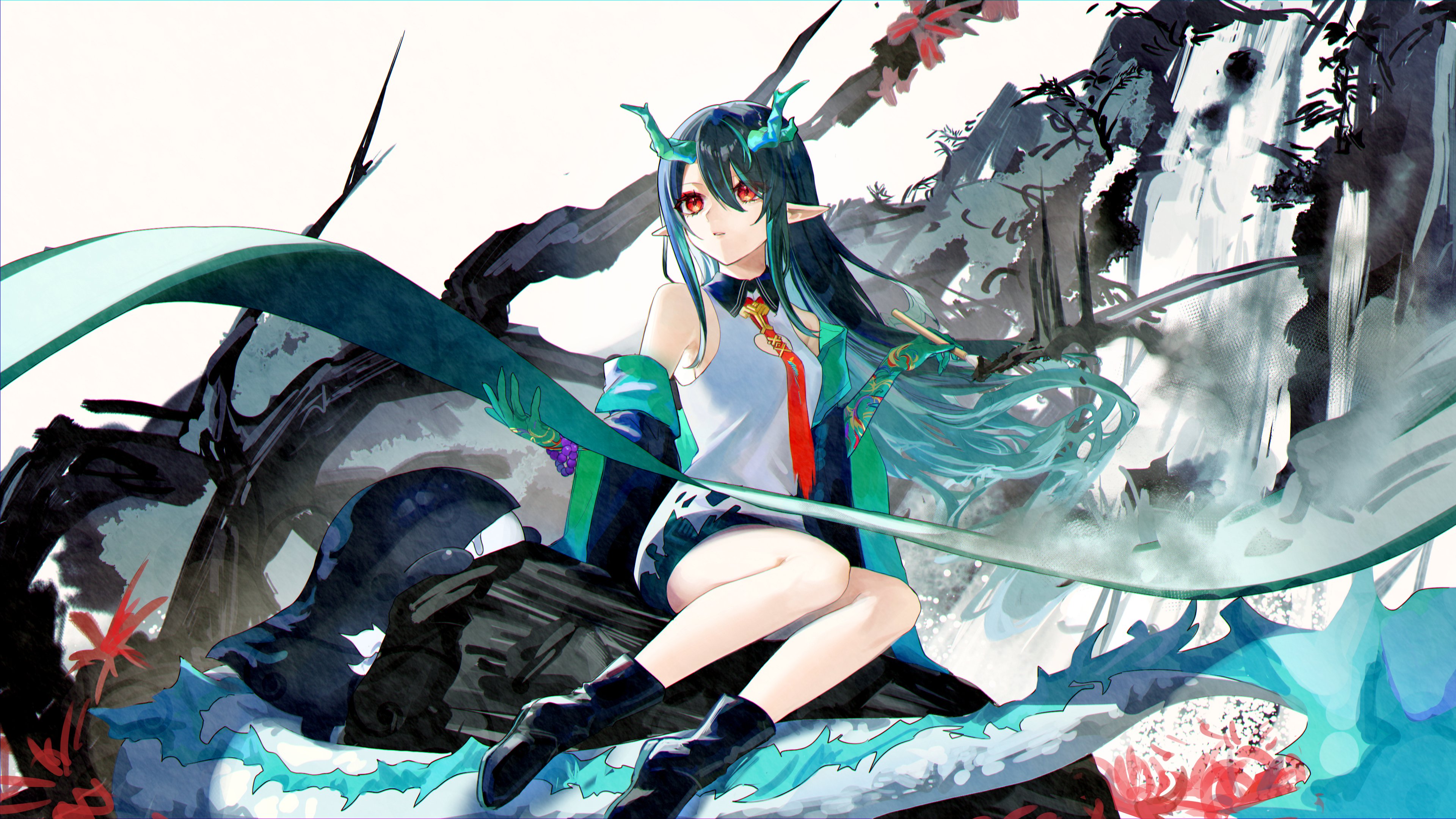aizuki sui, dusk (arknights), arknights, absurdres, highres, 1girl, bead bracelet, beads, black hair, bracelet, colored skin, dragon girl, dragon horns, dragon tail, eastern dragon tail, gradient skin, green hands, green horns, green skin, holding, holding paintbrush, holding scroll, horns, jewelry, looking to the side, paintbrush, pointy ears, red eyes, scroll, solo, tail