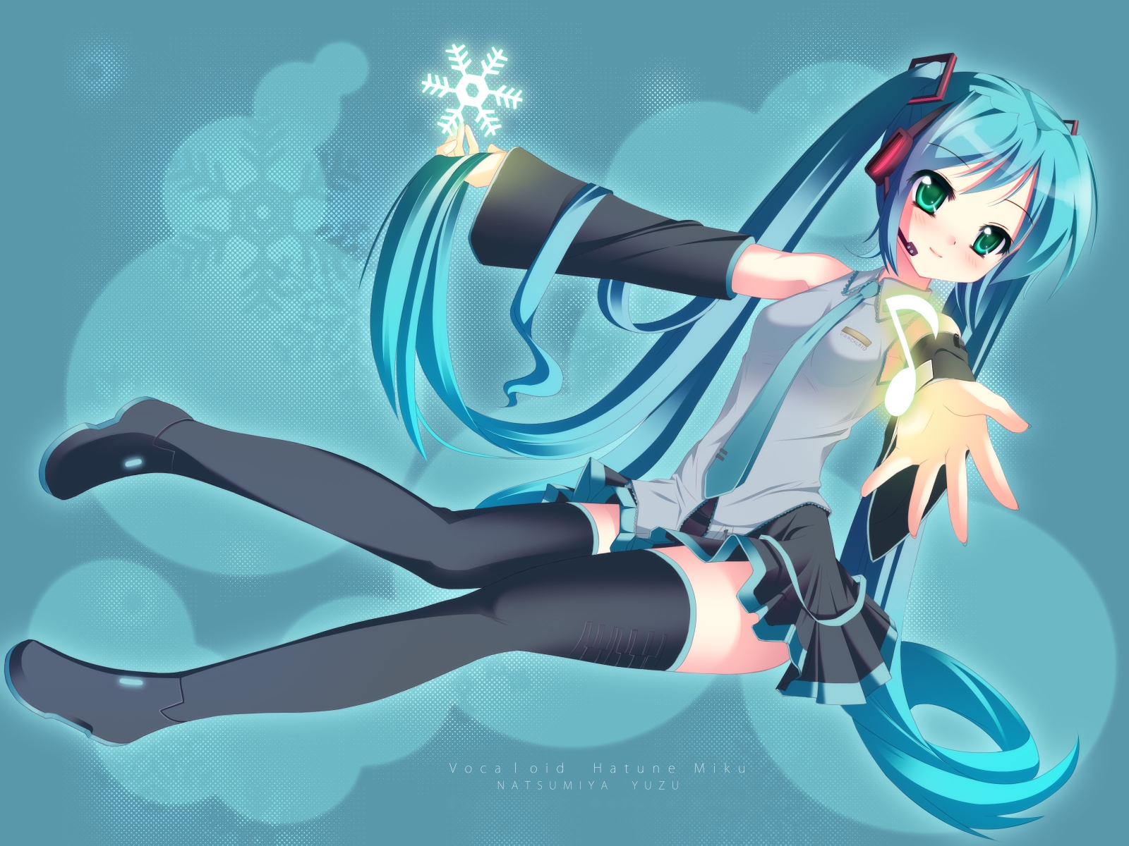 natsumiya yuzu, hatsune miku, vocaloid, highres, aqua eyes, aqua hair, boots, detached sleeves, headphones, long hair, microphone, necktie, skirt, solo, thigh boots, thighhighs, twintails, very long hair