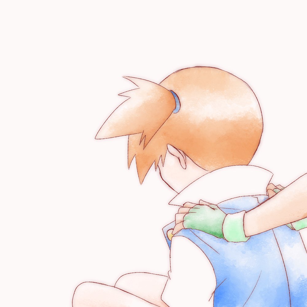 ash ketchum, misty (pokemon), nintendo, pokemon, pokemon (anime), pokemon (classic anime), 1boy, 1girl, blue jacket, fingerless gloves, from behind, gloves, green gloves, hair tie, jacket, orange hair, ponytail, popped collar, shirt, short hair, short sleeves, side ponytail, sitting, solo focus