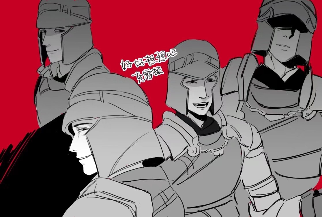 mild mannered pate, dark souls (series), dark souls ii, commentary, translation request, 1boy, armor, chinese text, greyscale with colored background, helmet, looking at viewer, male focus, multiple views, neopentane5, open mouth, pauldrons, red background, shoulder armor, smile, smug, upper body