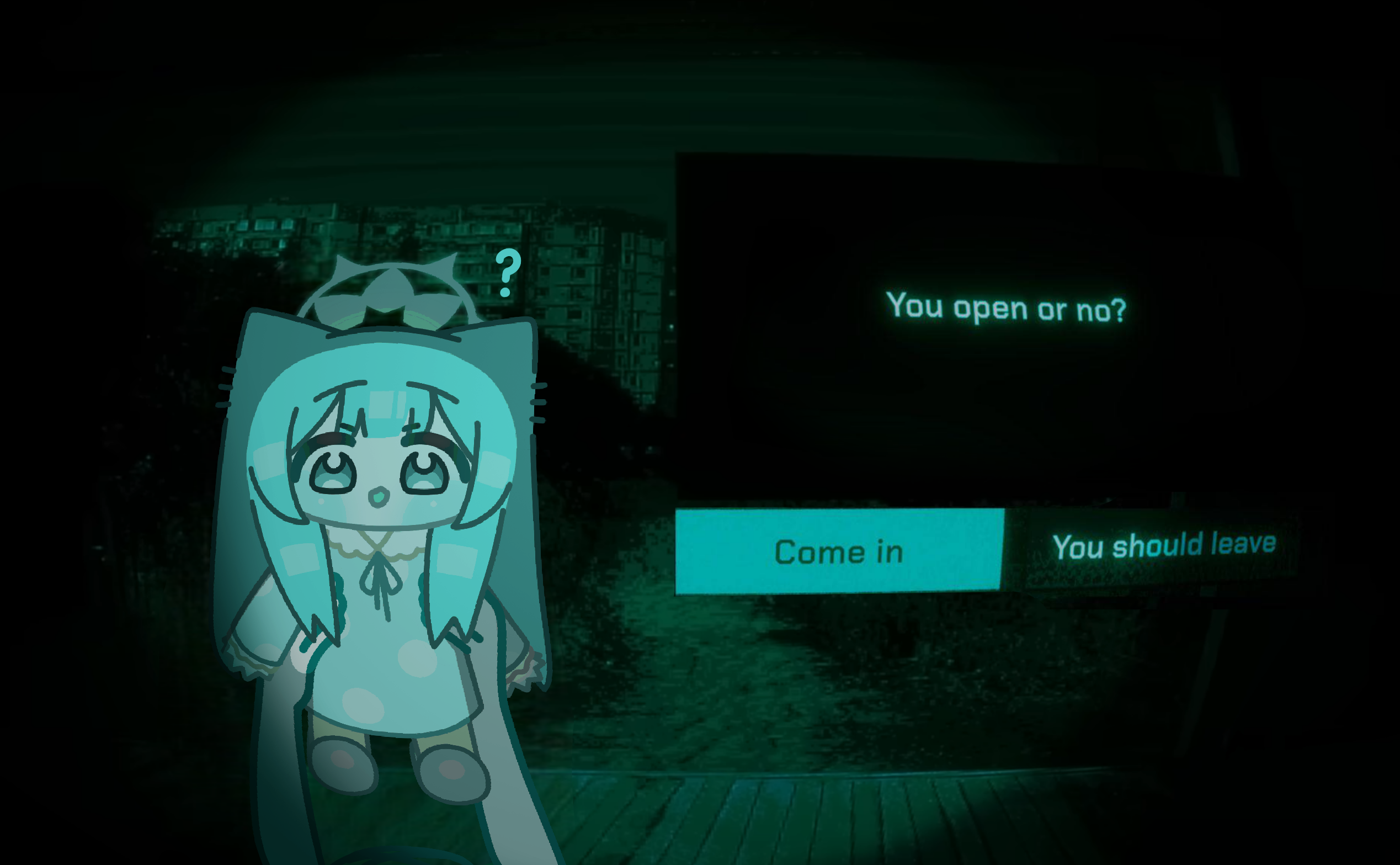 horuhara, mari (blue archive), blue archive, highres, ?, animal ears, blunt bangs, blush, building, chibi, english text, gameplay mechanics, halo, hands up, lifting person, long hair, long sleeves, looking at viewer, neck ribbon, no i'm not a human, no nose, open mouth, pajamas, parody, polka dot, polka dot pajamas, ribbon, sleeves past wrists, slippers, solo focus