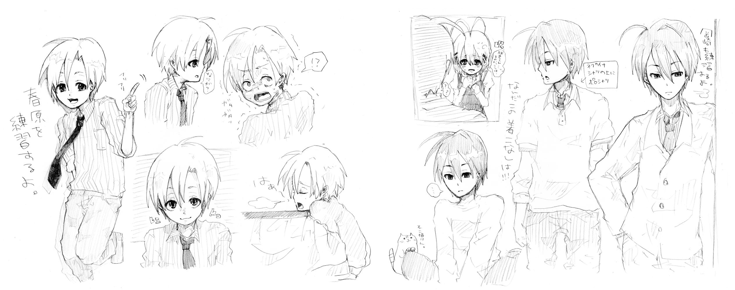 nikiro, furukawa nagisa, okazaki tomoya, sunohara youhei, clannad, bad id, bad pixiv id, highres, long image, wide image, 00s, 1girl, 2boys, cat, greyscale, male focus, monochrome, multiple boys, short hair, sketch