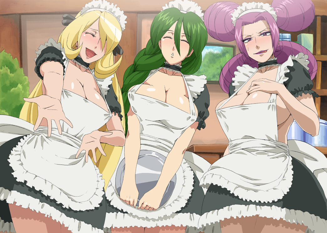 jaga note, cheryl (pokemon), cynthia (pokemon), fantina (pokemon), nintendo, pokemon, pokemon dppt, bad id, bad pixiv id, 00s, 3girls, apron, blonde hair, blush, braid, breasts, choker, cleavage, closed eyes, eyeshadow, frills, green hair, gym leader, hair over one eye, hairband, hat, huge breasts, lipstick, long hair, maid, maid apron, maid headdress, makeup, multiple girls, no bra, pantyhose, purple eyes, purple hair, purple lips, quad tails, sideboob, single braid, skirt, sweatdrop, tray, very long hair