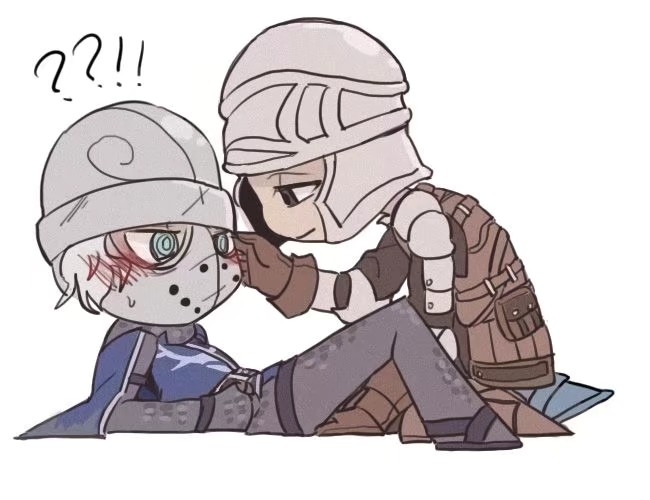 creighton of mirrah, mild mannered pate, dark souls (series), dark souls ii, commentary, !?, 2boys, armor, black shirt, blue cape, blue eyes, blue tunic, blush, brown gloves, brown vest, cape, chainmail, chibi, chibi only, closed mouth, full body, gloves, helmet, looking at another, male focus, mask, masked, multiple boys, neopentane5, shirt, simple background, smile, tunic, vest, white background, yaoi