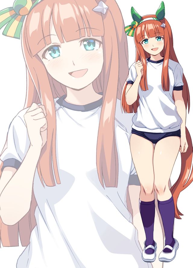 ponzu rui, silence suzuka (umamusume), umamusume, 1girl, animal ears, aqua eyes, blue buruma, blunt bangs, buruma, clenched hand, ear covers, full body, gym shirt, gym uniform, hairband, horse ears, horse girl, horse tail, long hair, looking at viewer, orange hair, purple socks, shirt, shoes, smile, socks, solo, t-shirt, tail, upper body, uwabaki, white hairband, white shirt, zoom layer