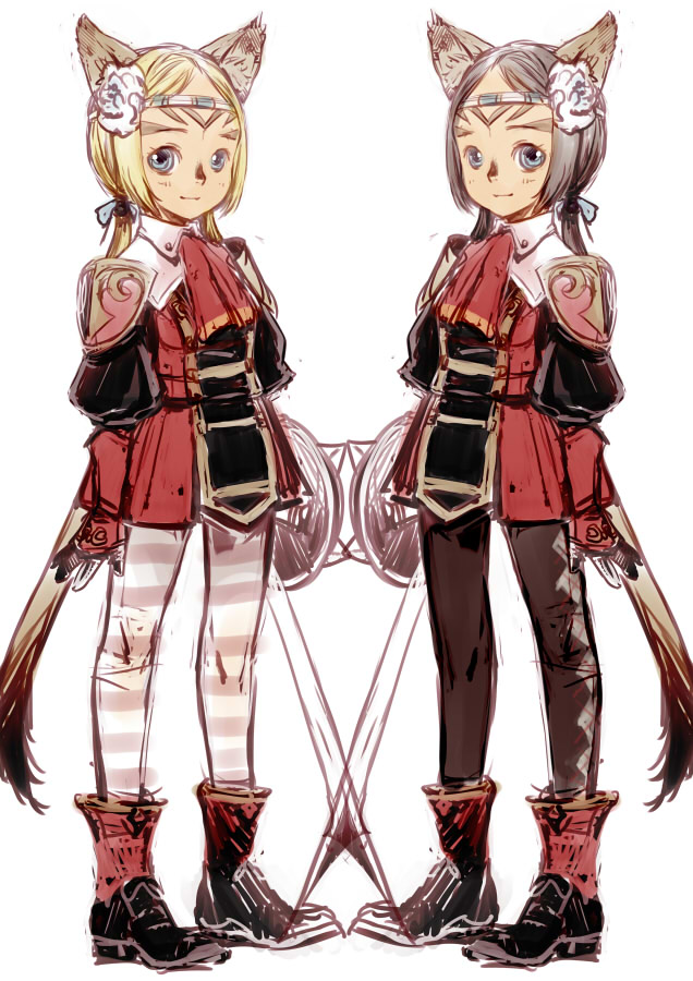 branch (blackrabbits), mithra (ff11), red mage (final fantasy), final fantasy, final fantasy xi, striped legwear, bad id, bad pixiv id, 00s, 2girls, animal ears, blonde hair, boots, brown hair, circlet, multiple girls, pantyhose, shield, short hair, smile, striped clothes, striped pantyhose, sword, tail, thighhighs, weapon