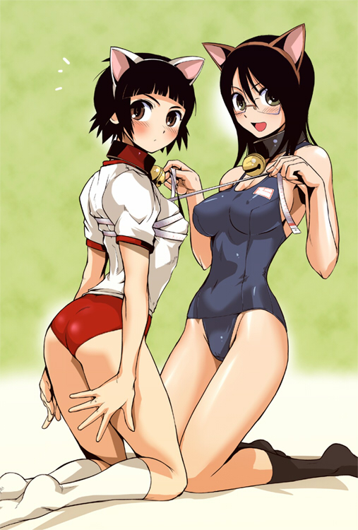 ez6, fujiyoshi harumi, tsunetsuki matoi, sayonara zetsubou sensei, 00s, 2girls, animal ears, ass, bdsm, bell, black hair, blush, bondage, bound, breasts, brown eyes, buruma, bust measuring, cat ears, collar, covered erect nipples, fake animal ears, glasses, gym uniform, kneeling, large breasts, measuring, multiple girls, neck bell, one-piece swimsuit, open mouth, school swimsuit, short hair, slave, small breasts, socks, swimsuit, tape measure, yuri