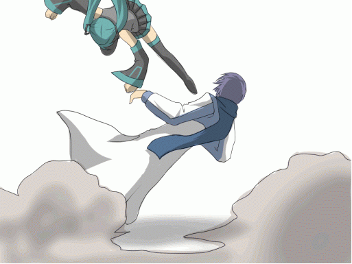 hatsune miku, kaito (vocaloid), vocaloid, animated, animated gif, 1boy, 1girl, beating, blood, blue hair, blue scarf, dust, faceless, faceless male, fighting, kicking, long hair, scarf, screaming, skirt, very long hair