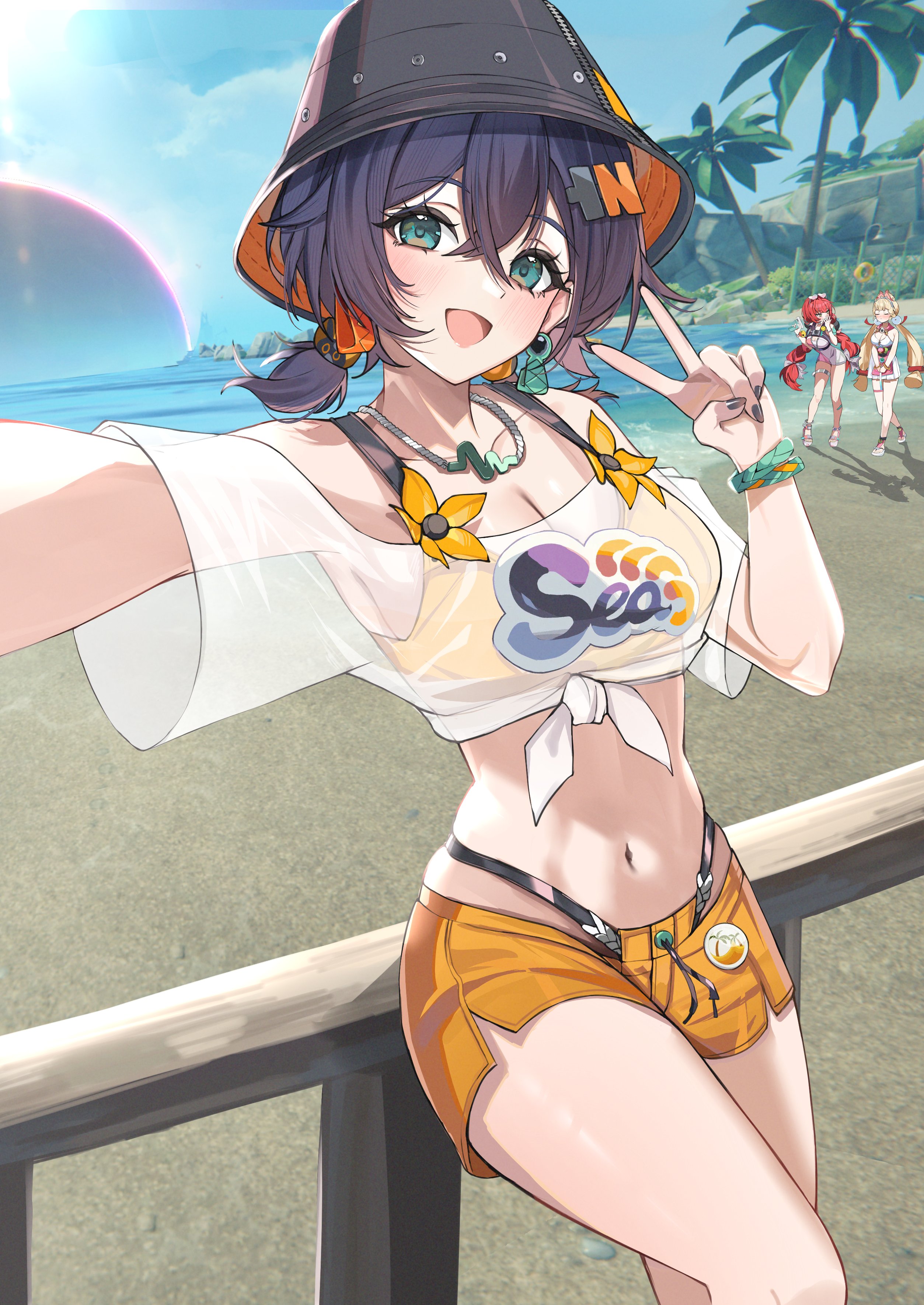 nemun (tamizzz), alice thymefield, alice thymefield (sea of thyme), belle (summer skies) (zenless zone zero), belle (zenless zone zero), ukinami yuzuha, ukinami yuzuha (tanuki in broad daylight), zenless zone zero, absurdres, highres, 3girls, :d, beach, black hat, blonde hair, blush, breasts, cleavage, crossed bangs, day, green eyes, hair between eyes, hair ornament, hat, large breasts, letter hair ornament, multiple girls, navel, official alternate costume, open mouth, outdoors, red hair, see-through clothes, see-through shirt, shirt, short hair, short shorts, short sleeves, shorts, smile, solo focus, stomach, v, white shirt, yellow shorts