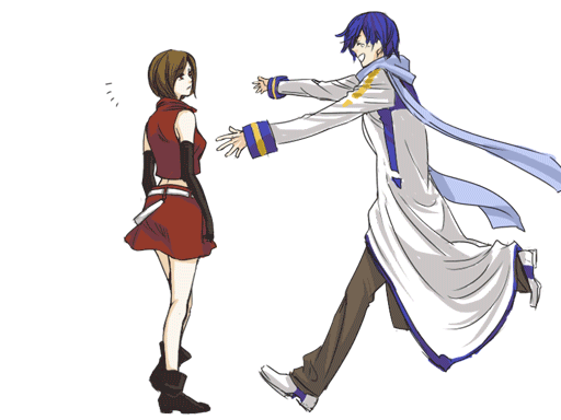 kaito (vocaloid), meiko (vocaloid), vocaloid, animated, animated gif, 1boy, 1girl, beating, headbutt, kicking, kneeing, motion blur