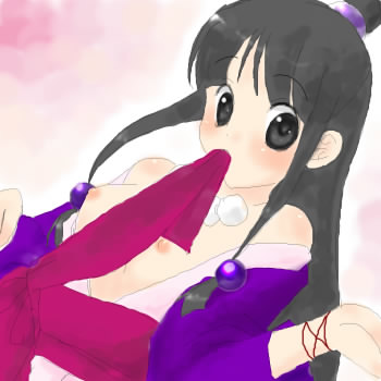 okahara megu, maya fey, ace attorney, capcom, bad id, bad pixiv id, lowres, 1girl, black eyes, black hair, blush, breasts, female focus, flat chest, hair ornament, half updo, long hair, mouth hold, nipples, solo, sphere hair ornament, topless female