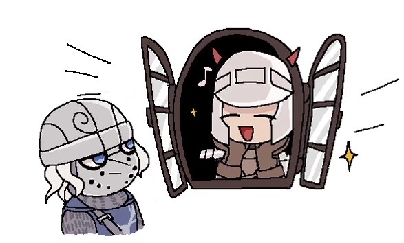 creighton of mirrah, mild mannered pate, dark souls (series), dark souls ii, commentary, 2boys, blue eyes, brown gloves, chibi, chibi only, closed eyes, gloves, hands on own chin, helmet, looking at another, male focus, mask, masked, multiple boys, neopentane5, open mouth, open window, simple background, upper body, white background, window
