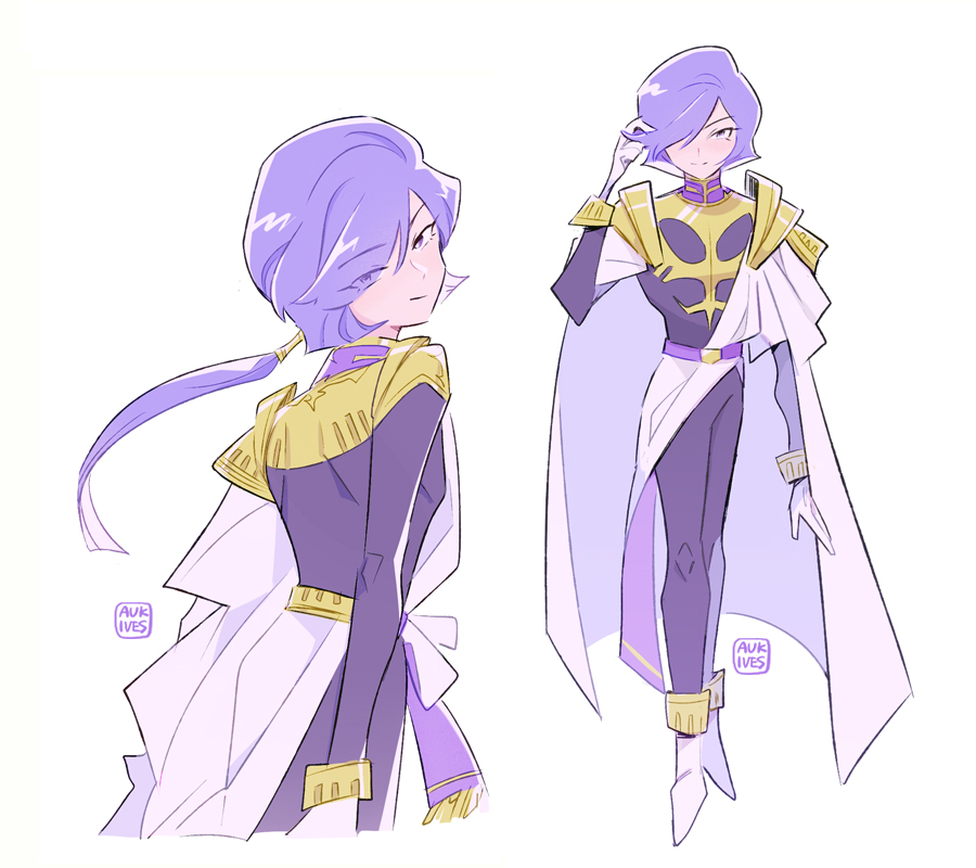 aukives, garma zabi, gundam, gundam gihren no yabou, bad id, bad pixiv id, 1boy, artist name, belt, cape, closed mouth, eyes visible through hair, gloves, hair over one eye, hand in own hair, jacket, long hair, long sleeves, looking at viewer, looking back, low ponytail, male focus, multiple views, pants, ponytail, purple belt, purple eyes, purple hair, purple jacket, purple pants, simple background, smile, white background, white cape, white gloves
