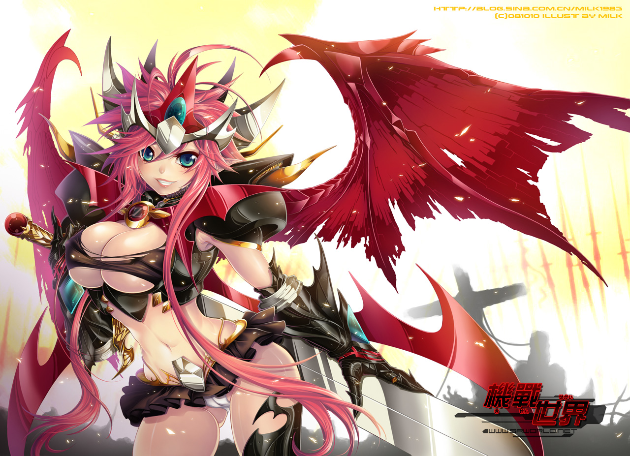 milk (niunai jai), mazinkaiser (robot), banpresto, mazinger (series), mazinkaiser, super robot wars, 1girl, armor, breasts, cleavage, female focus, gloves, green eyes, large breasts, long hair, mecha musume, midriff, one eye closed, panties, personification, red hair, revealing clothes, solo, sword, underboob, underwear, very long hair, weapon, wink