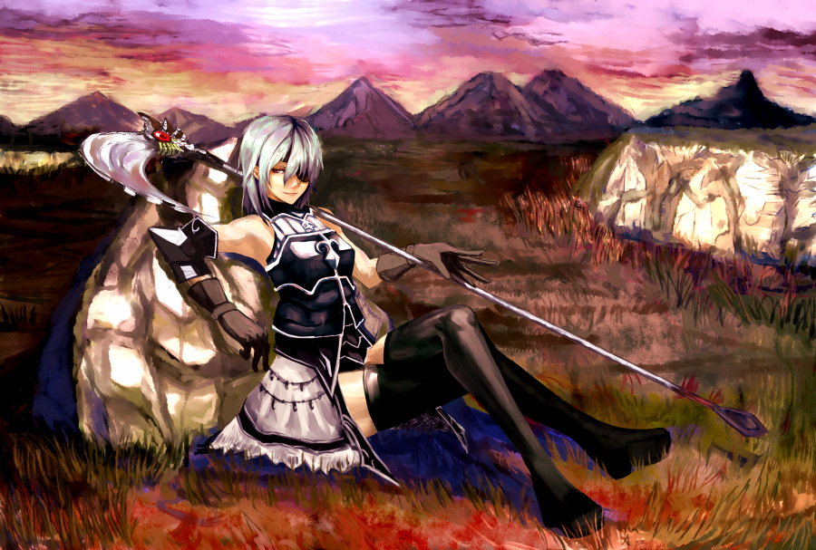lororo, fantasy earth zero, silver hair, bad id, bad pixiv id, armor, crossed legs, eyepatch, scythe, sitting, solo, sunset, thighhighs