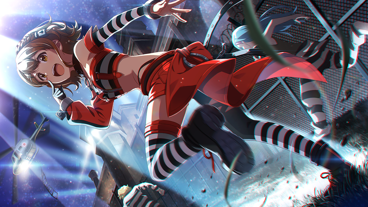 kasuga mirai, idolmaster, idolmaster million live!, idolmaster million live! theater days, commentary request, game cg, official art, third-party source, 1girl, aircraft, black boots, boots, brown eyes, brown hair, crop top, fleeing, from behind, full body, gloves, helicopter, looking at viewer, looking back, midriff, night, official alternate costume, official alternate hairstyle, open mouth, outdoors, prison, red shoes, running, shoes, short hair, single glove, solo focus, spotlight, striped clothes, striped thighhighs, teeth, thighhighs, upper teeth only