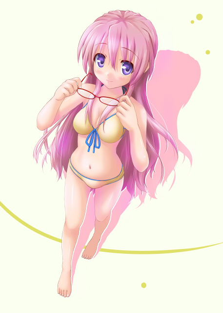 kisaragi miyu, takara miyuki, lucky star, 00s, 1girl, barefoot, bikini, breasts, cleavage, female focus, foreshortening, full body, glasses, holding, holding removed eyewear, long hair, looking at viewer, medium breasts, navel, pink hair, purple eyes, red-framed eyewear, solo, swimsuit, unworn eyewear, yellow bikini