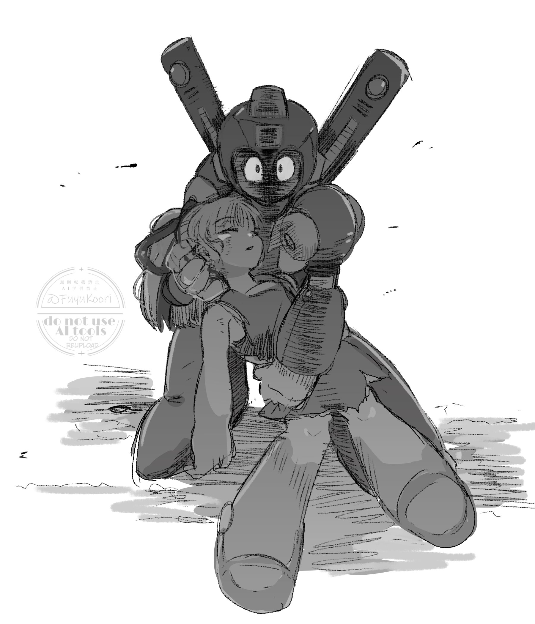 srnhuyuno, mega man (character), roll (mega man), mega man (classic), mega man (series), highres, 1boy, 1girl, android, arm cannon, armor, breasts, full body, gloves, helmet, holding, long hair, looking at viewer, monochrome, ponytail, robot ears, robot girl, simple background, weapon, white background
