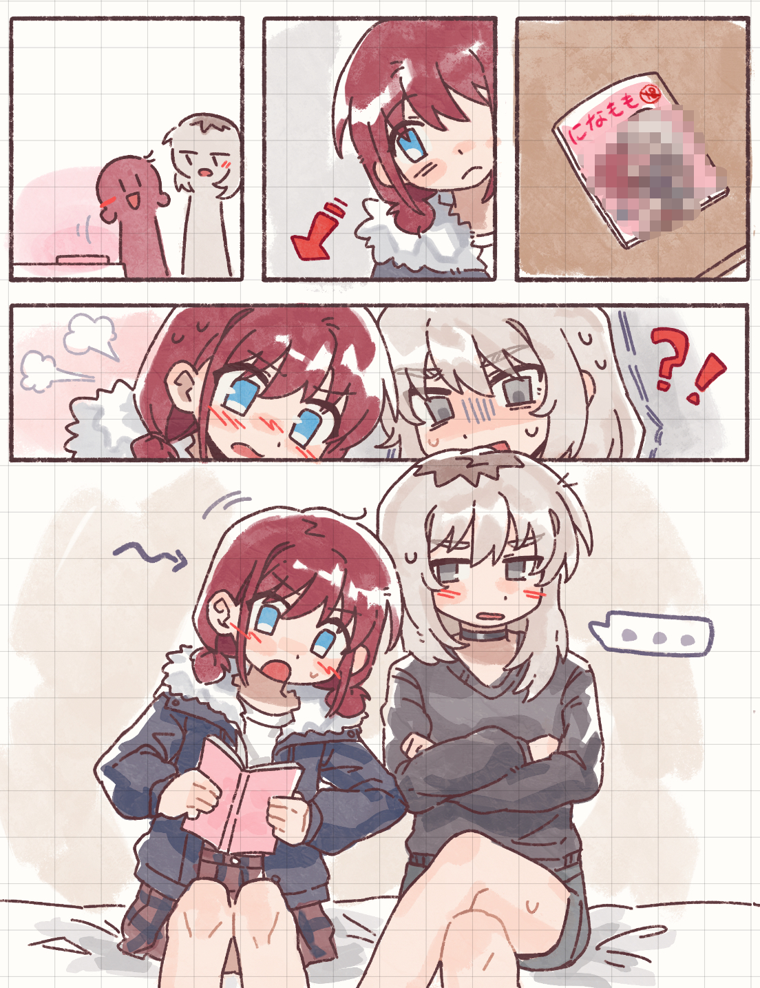 tutai, iseri nina, kawaragi momoka, girls band cry, highres, …, 2girls, black choker, black shorts, black sweater, blue jacket, blush, censored, choker, content rating, fur-trimmed jacket, fur trim, grey eyes, grey hair, jacket, long hair, mosaic censoring, multiple girls, open mouth, plaid clothes, plaid skirt, pleated skirt, pornography, red hair, red skirt, short twintails, shorts, skirt, spoken ellipsis, sweatdrop, sweater, twintails, yuri, yuri (object)
