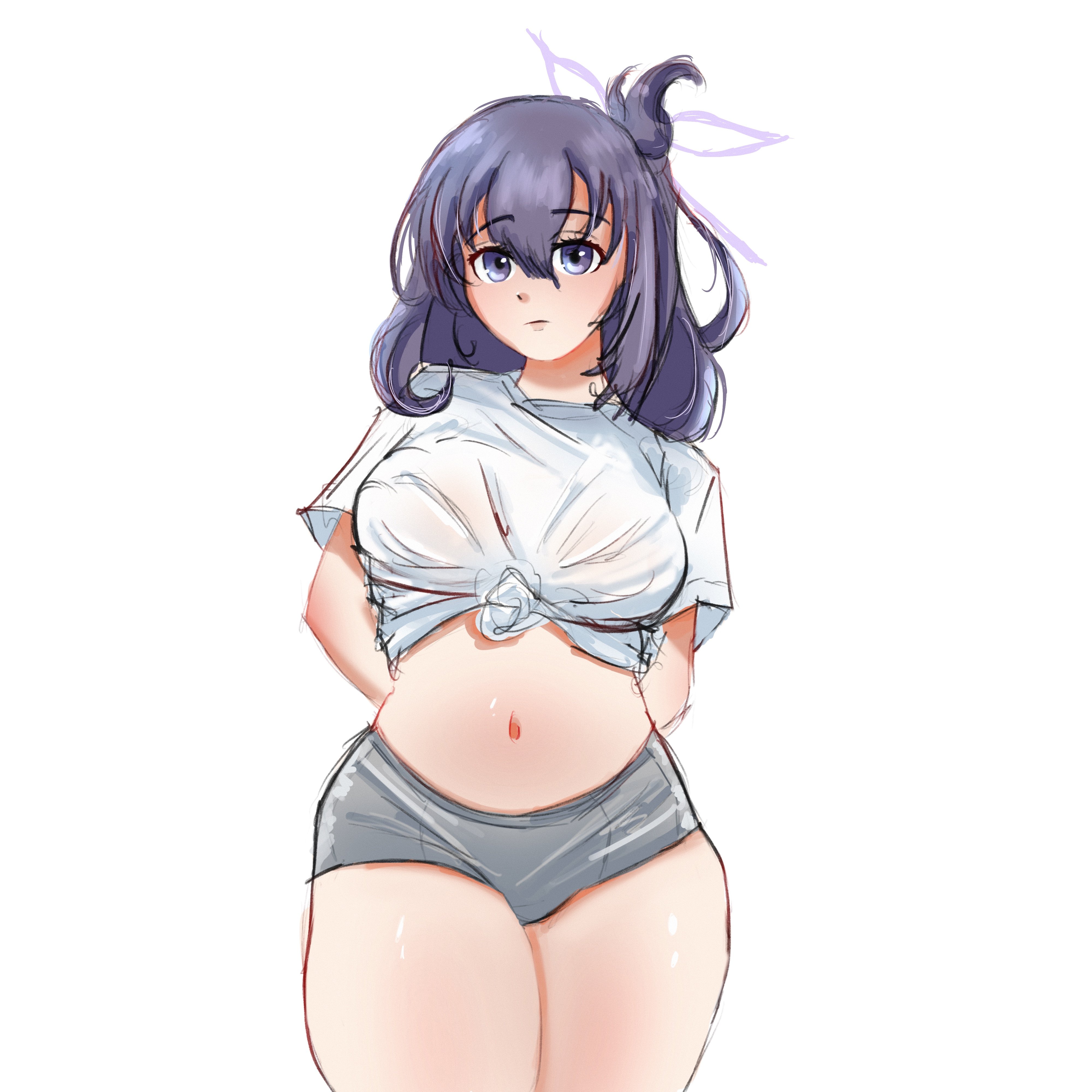 r thors, rixia mao, ao no kiseki, eiyuu densetsu, zero no kiseki, absurdres, commentary, english commentary, highres, 1girl, arms behind back, breasts, double-parted bangs, hair between eyes, hair rings, large breasts, looking at viewer, midriff, navel, purple eyes, purple hair, shirt, short sleeves, shorts, solo, stomach, tied shirt, upper body, white shirt