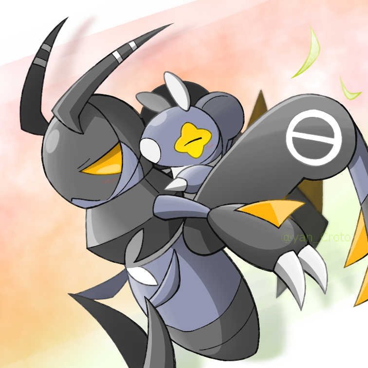 lokix, nymble, nintendo, pokemon, commentary request, antennae, bug, carrying, claws, closed eyes, closed mouth, evolutionary line, no humans, piggyback, pokemon (creature), pokemon focus, riding, riding pokemon, user frue4777