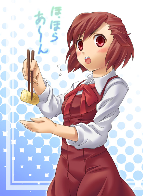 ibuki (pixiv150362), ibuki mana, aoba tsugumi, kannagi, bad id, bad pixiv id, 00s, chopsticks, red eyes, red hair, school uniform, short hair, solo