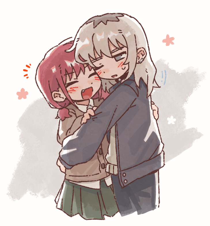 tutai, iseri nina, kawaragi momoka, girls band cry, 2girls, black jacket, black pants, blush, brown cardigan, cardigan, earclip, fang, green skirt, grey eyes, grey hair, hand on another's back, hand on another's waist, holding own arm, hug, jacket, long hair, multicolored hair, multiple girls, one eye closed, open mouth, pants, parted lips, roots (hair), skirt, smile, white background, yuri