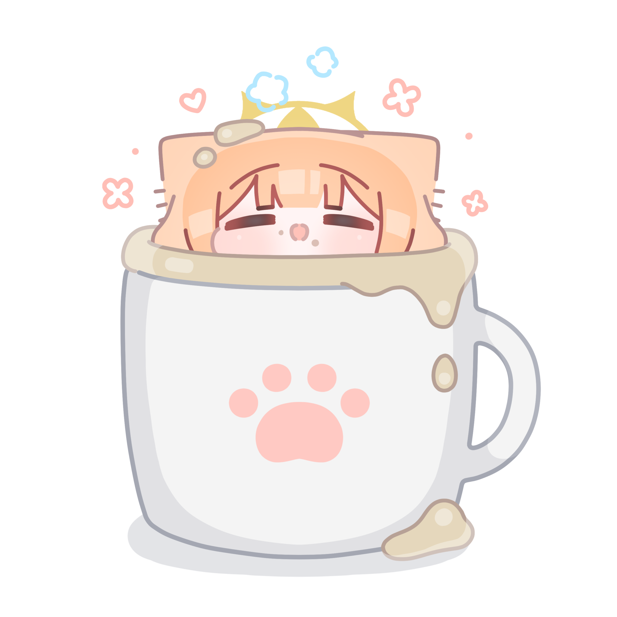 horuhara, mari (blue archive), blue archive, highres, 1girl, animal ears, blunt bangs, blush, chibi, closed eyes, cup, food, food on face, halo, mini person, minigirl, open mouth, orange hair, paw print, smile, solo, yellow halo